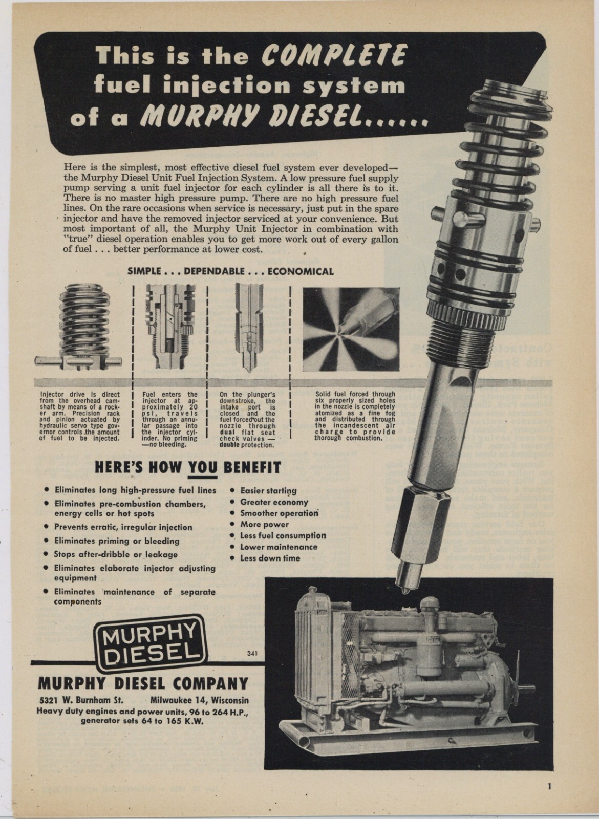 1956 Murphy Diesel Ad: Closeups of Injectors w/ Engine Benefits – Milwaukee, WI