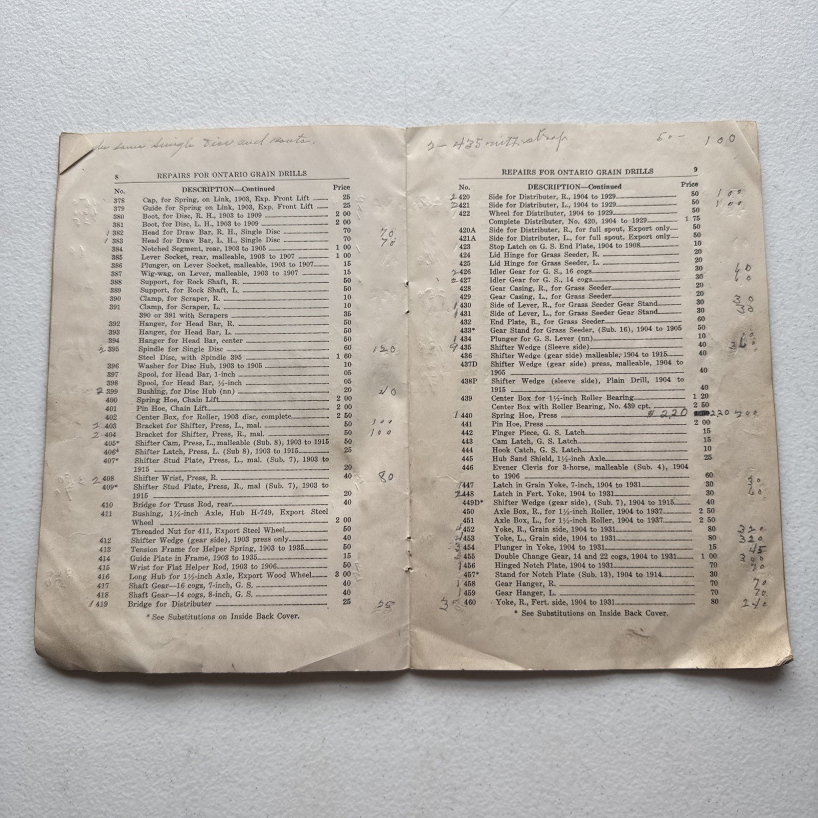 Ontario Drill Co. No. 39 Grain Drills Price List Of Repairs East Rochester, NY