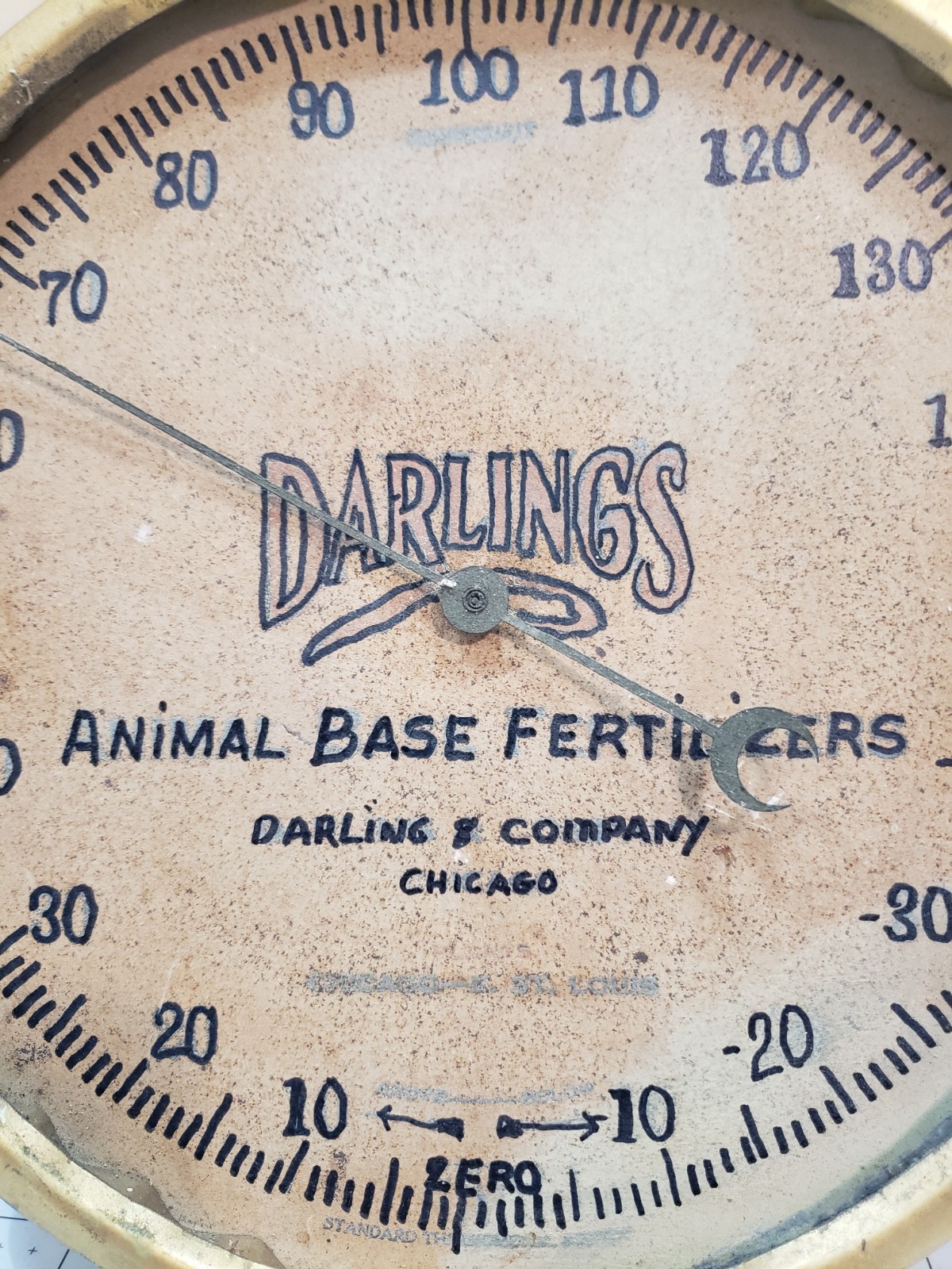 1920’s Darling’s Animal Base Fertilizers 9″ Metal Advertising Thermometer Sign