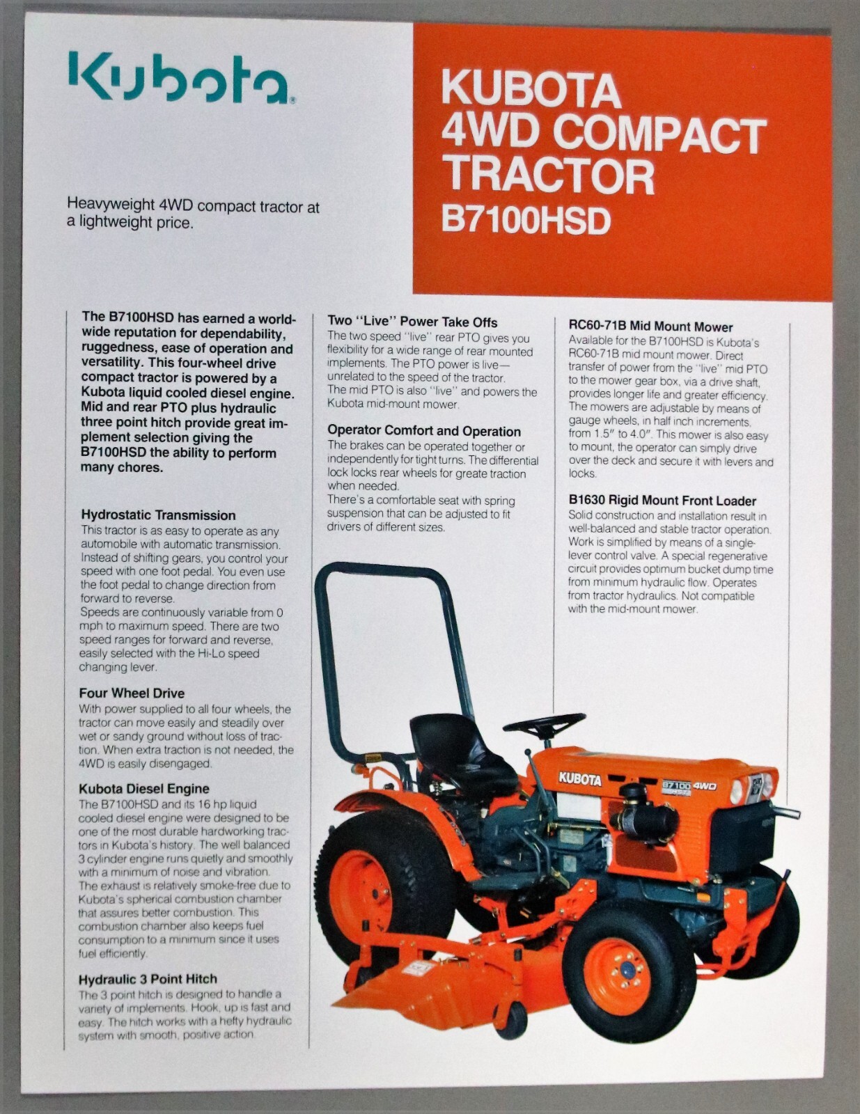 4 KUBOTA Brochures/Literature Diesel Tractor B-Series 4WD Compact B7100HSD (F)