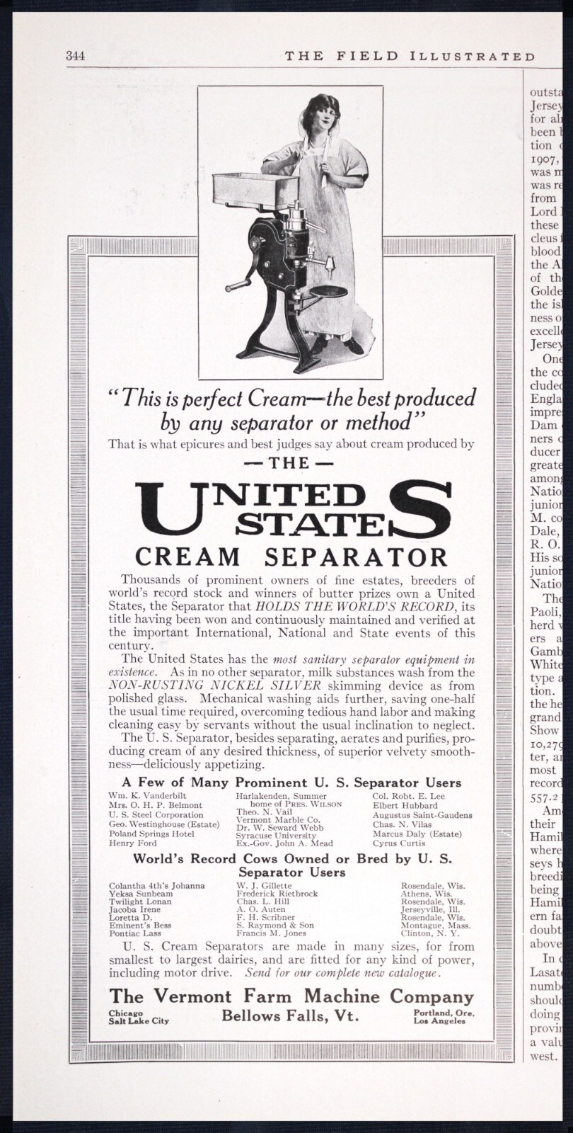 1915 U.S. CREAM SEPARATOR World’s Record Vermont Farm Machine Co. Vtg PRINT AD