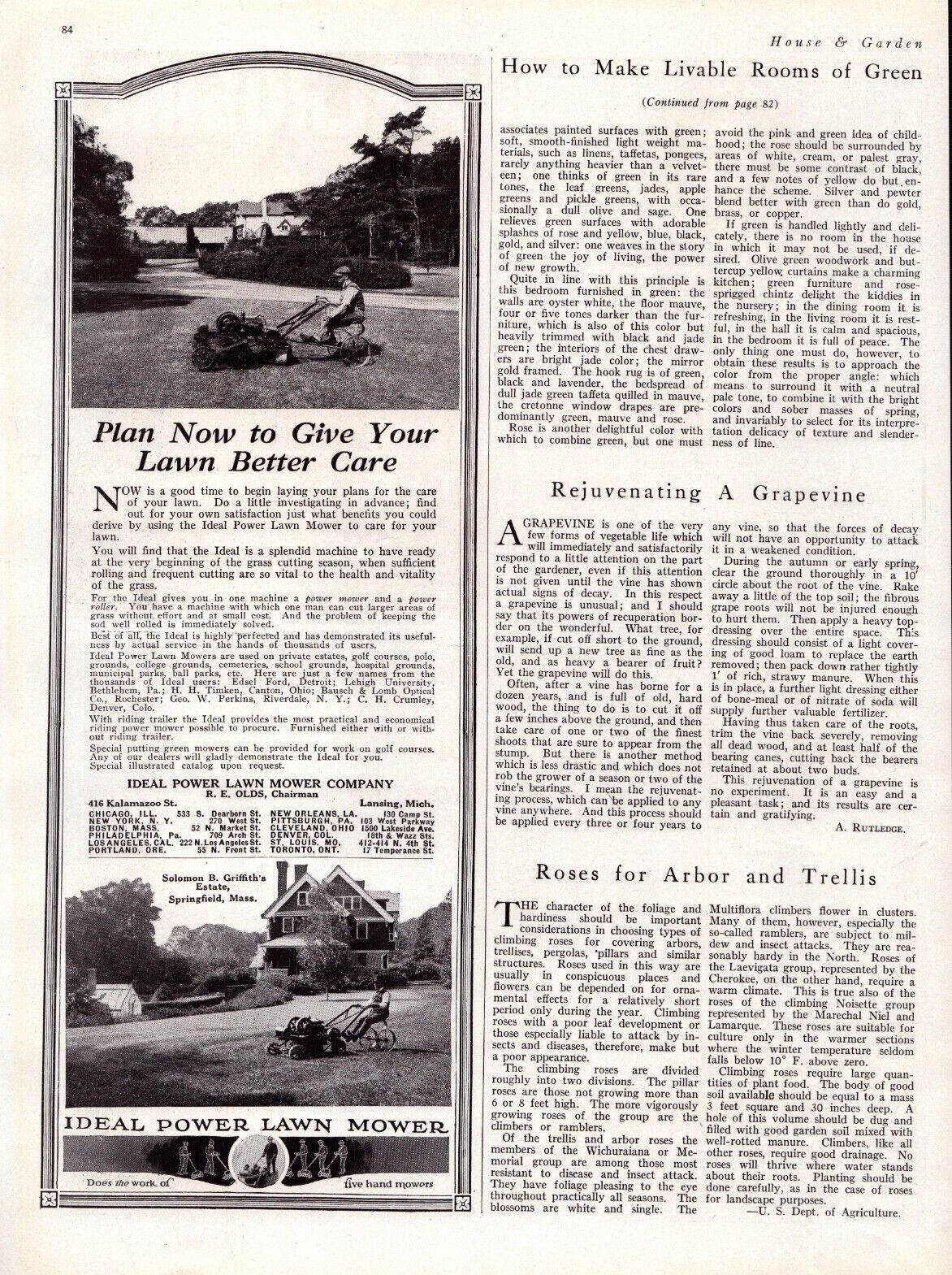 1921 IDEAL POWER LAWN MOWER Grass Cutter Décor Ephemera Vintage 20’s Print Ad