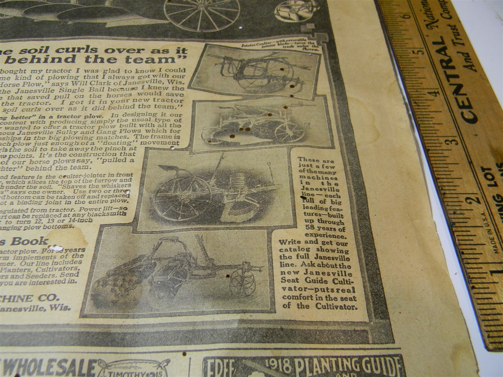 Vintage 1917 Janseville Machine Co. Tractor Plow Man Cave 1910’s Print Ad 5A11