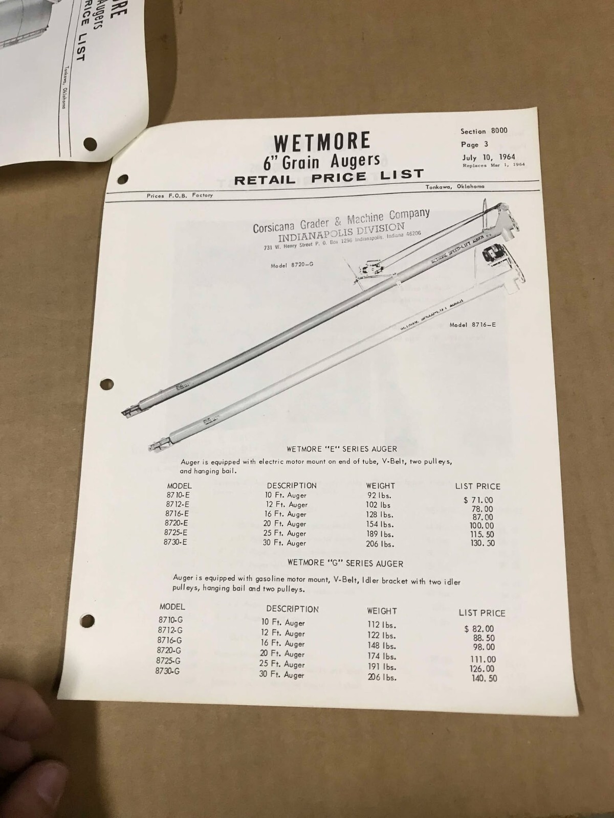 Vintage 1964 Wetmore 6″ Grain Augers Retail Price List