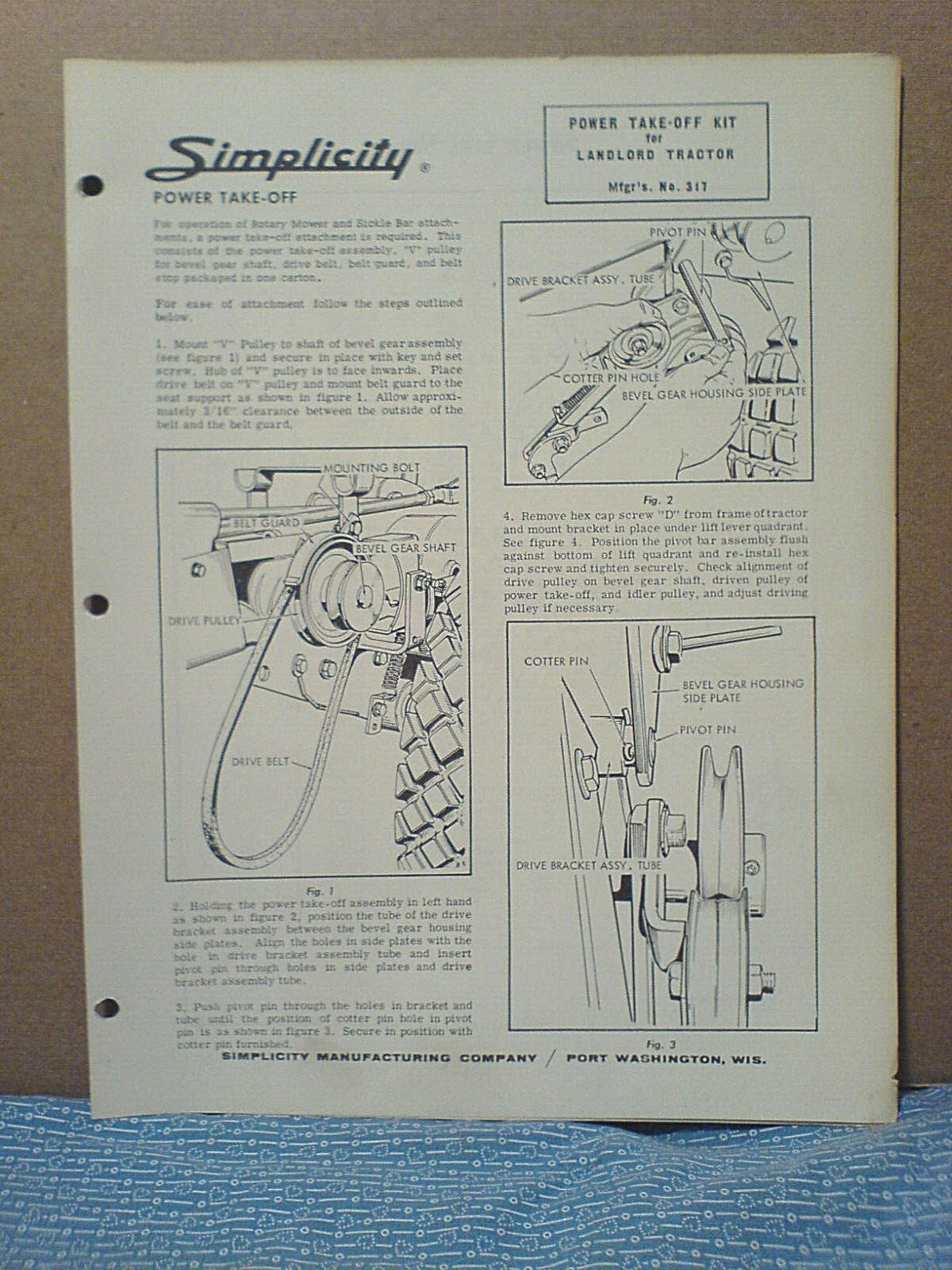 SIMPLICITY LANDLORD TRACTOR NO. 317 PTO KIT. ASSEMBLY, OPERATORS, & PARTS MANUAL