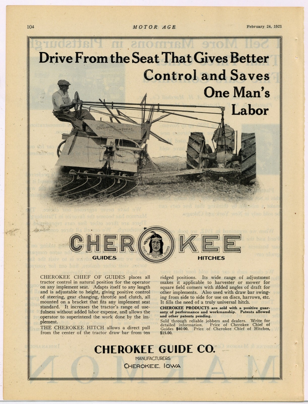 1921 Cherokee Guide Co. Ad: Tractor Hitches & Guides. Deering New Ideal – Iowa