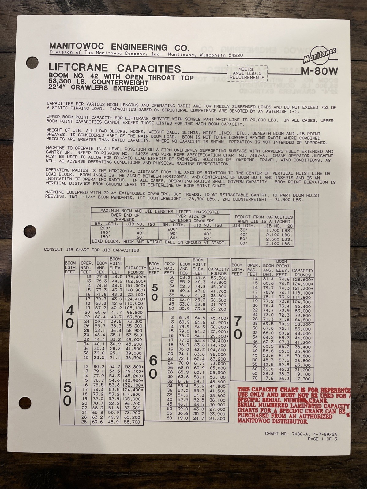 Manitowoc M-80W Crane Brochure And Capacity Charts ‘88/‘89