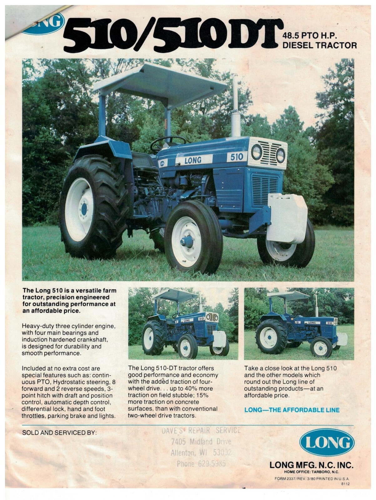 Vintage 1980 ad sheet for Long 510/510DT Diesel 45.5 HP Tractor