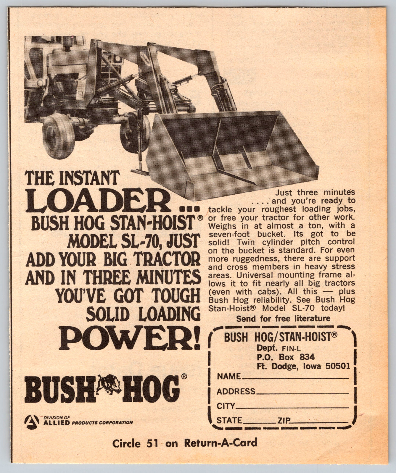 1973 Print Ad Bush Hog Stan-Hoist Model Sl-70 Solid Loading Power