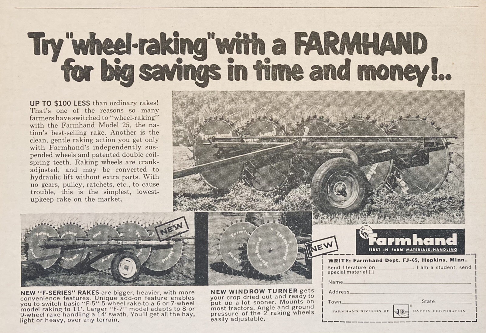 1965 AD.(XH9)~DAFFIN CO. FARMHAND DEPT. HOPKINS, MINN. MODEL 25 WHEEL RAKE