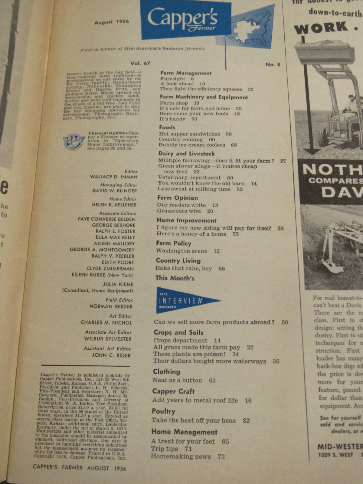 Vintage August 1956 Capper’s Farmer Magazine Machinery & Equipment C632