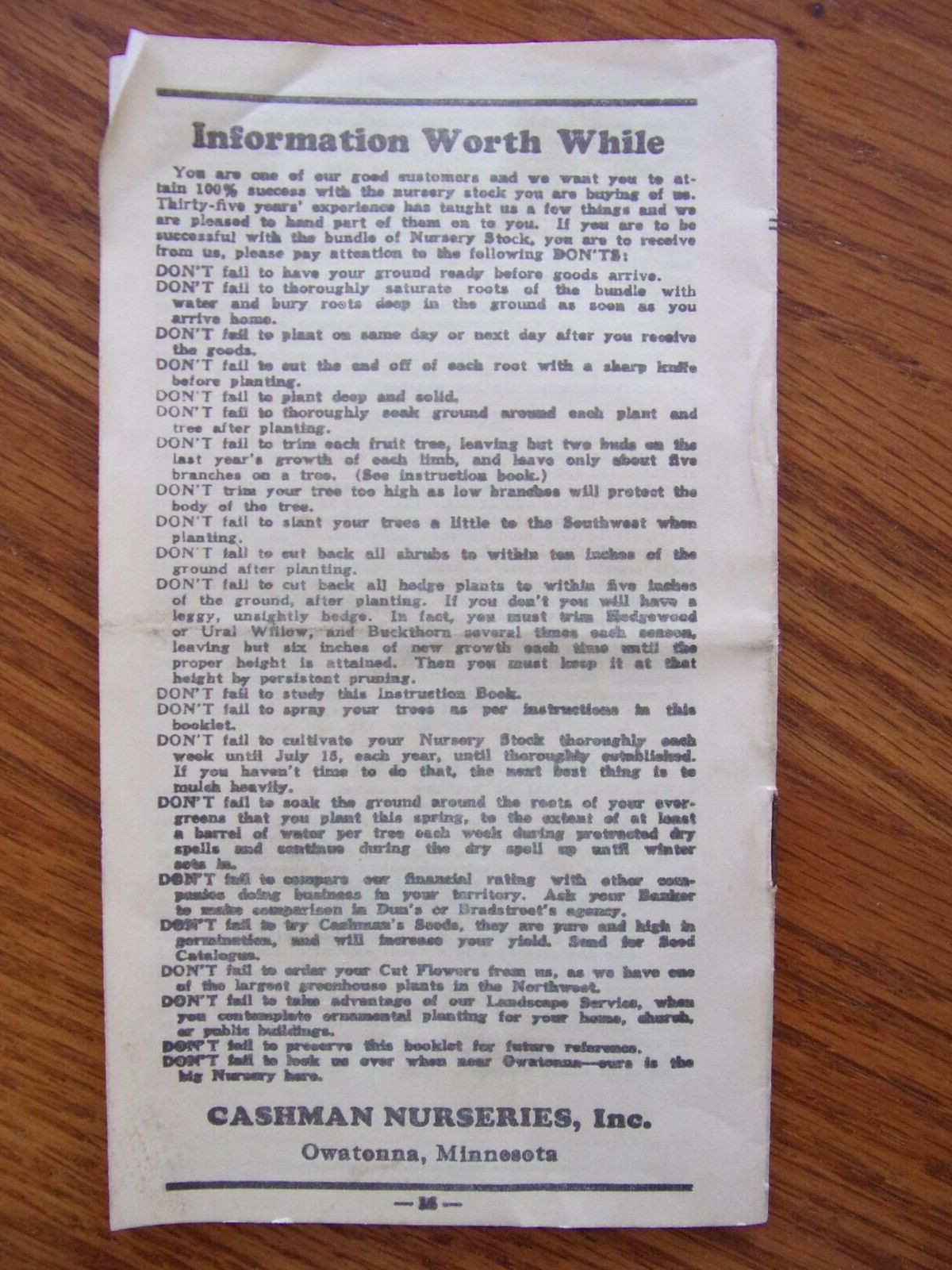 VINTAGE OWATONNA MINNESOTA CASHMAN NURSERIES PLANTING & CARE BROCHURE 1940’S?