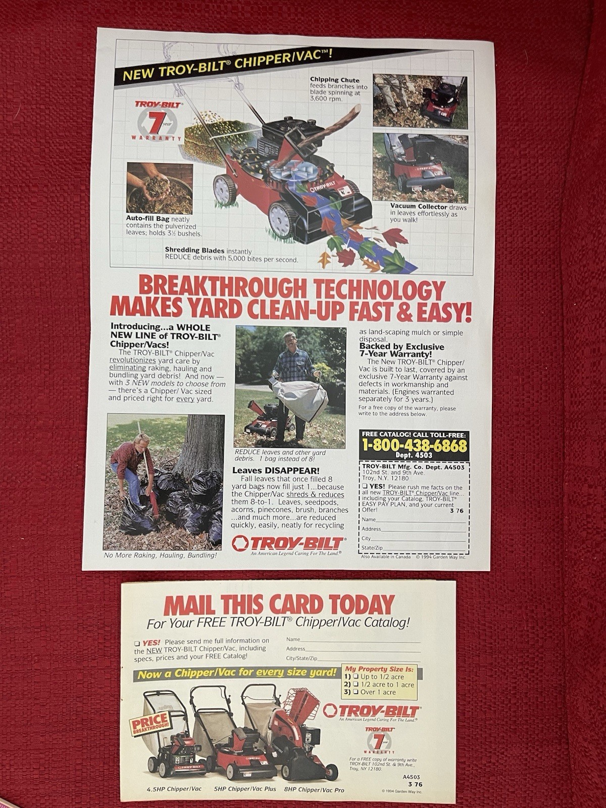 Vintage 1994 Troy Built Chipper Vac Print Ad Yard Clean Up Advertisement