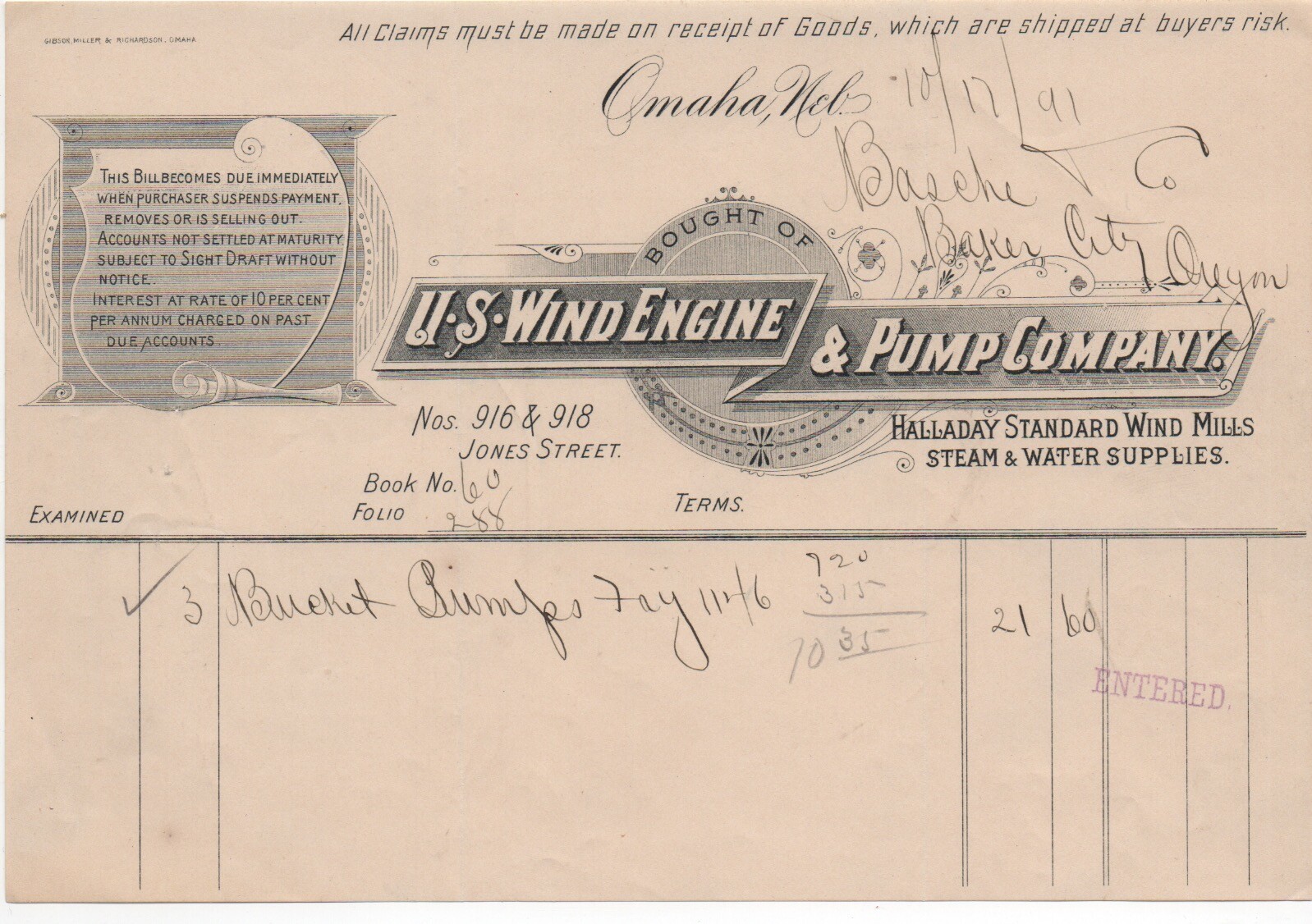 1891 Billhead U.S. Wind Engine & Pump Co Windmills Omaha Nebraska