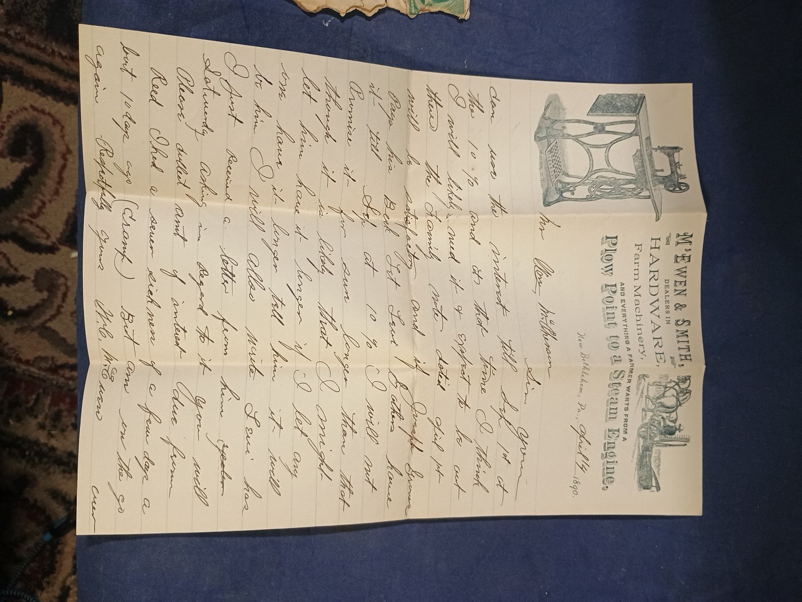 Vintage 1890 M’EMEN & SMITH Farm Implements,Letter & Envelope