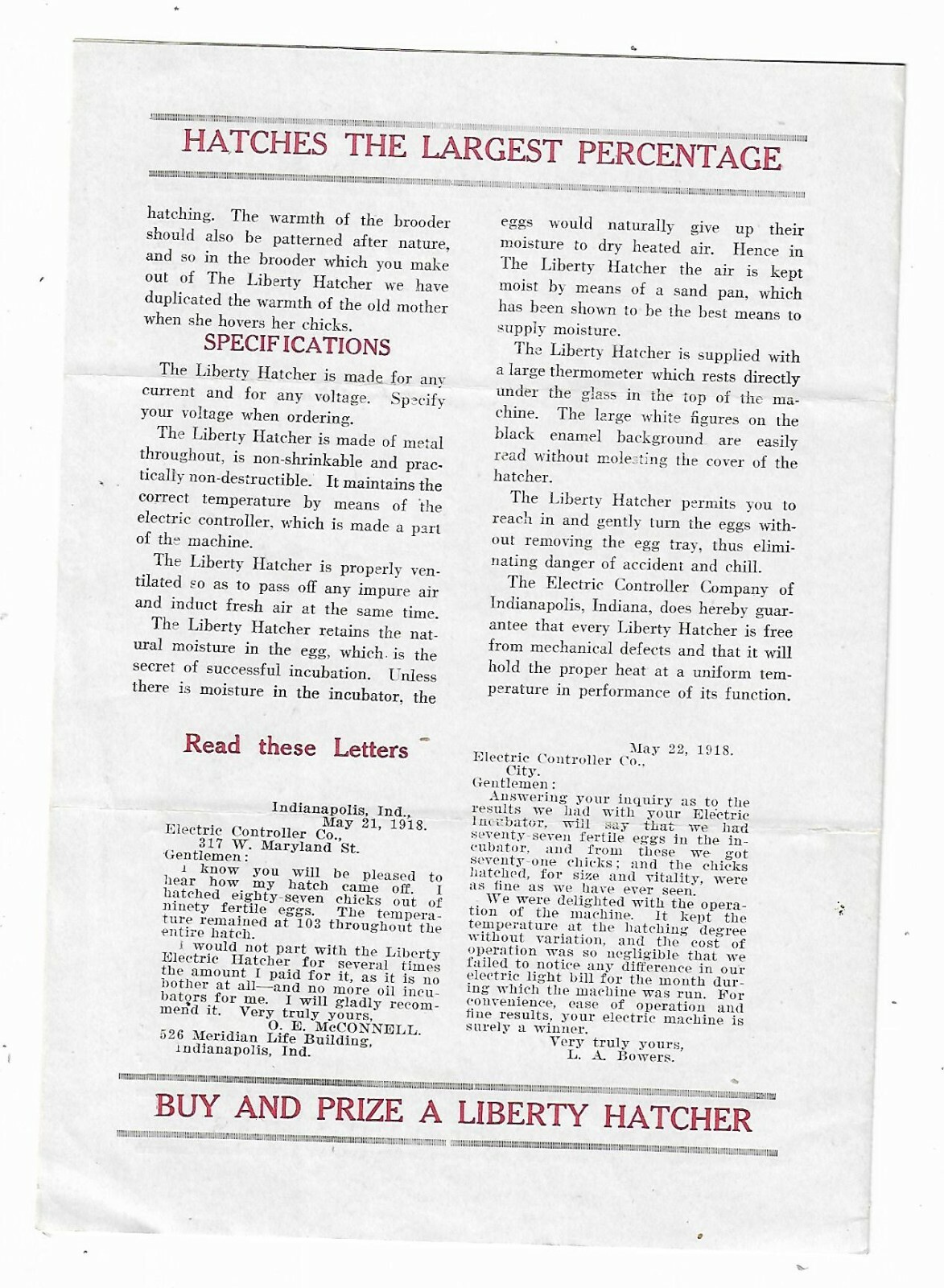 1918 Ad Leaflet Liberty Hatcher Chick Incubator Electric Controller Indianapolis