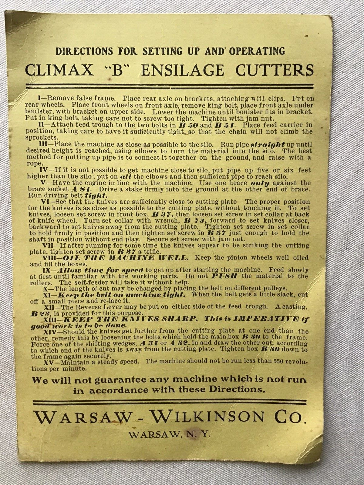 Vintage Cardboard Directions For Climax “B” Warsaw-Wilkinson Ensilage Cutters