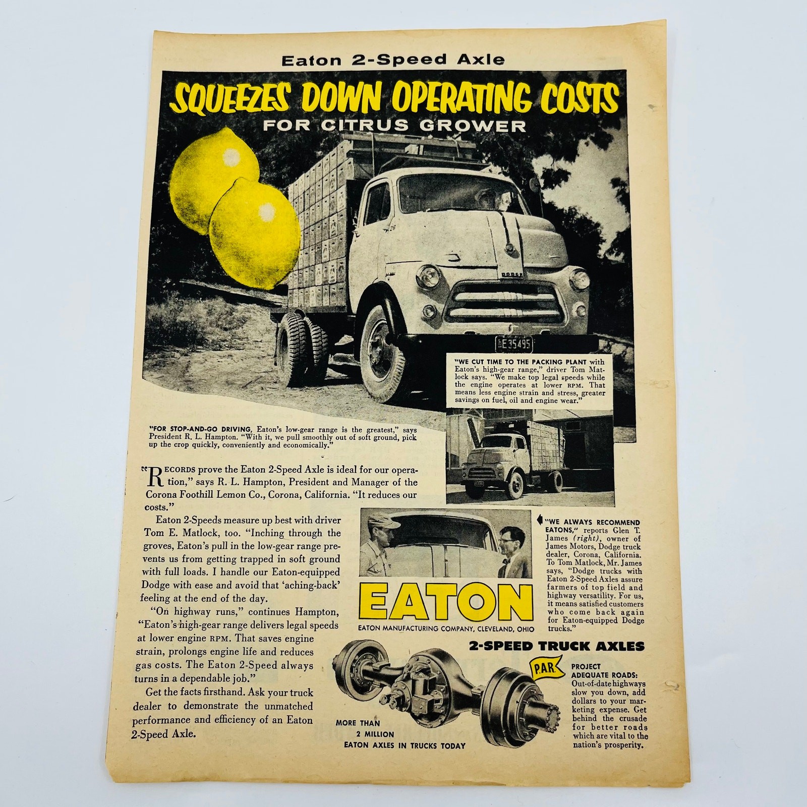 Vintage Advertisement EATON 2-SPEED AXEL For Citrus Growers Farmers Lemon AA1