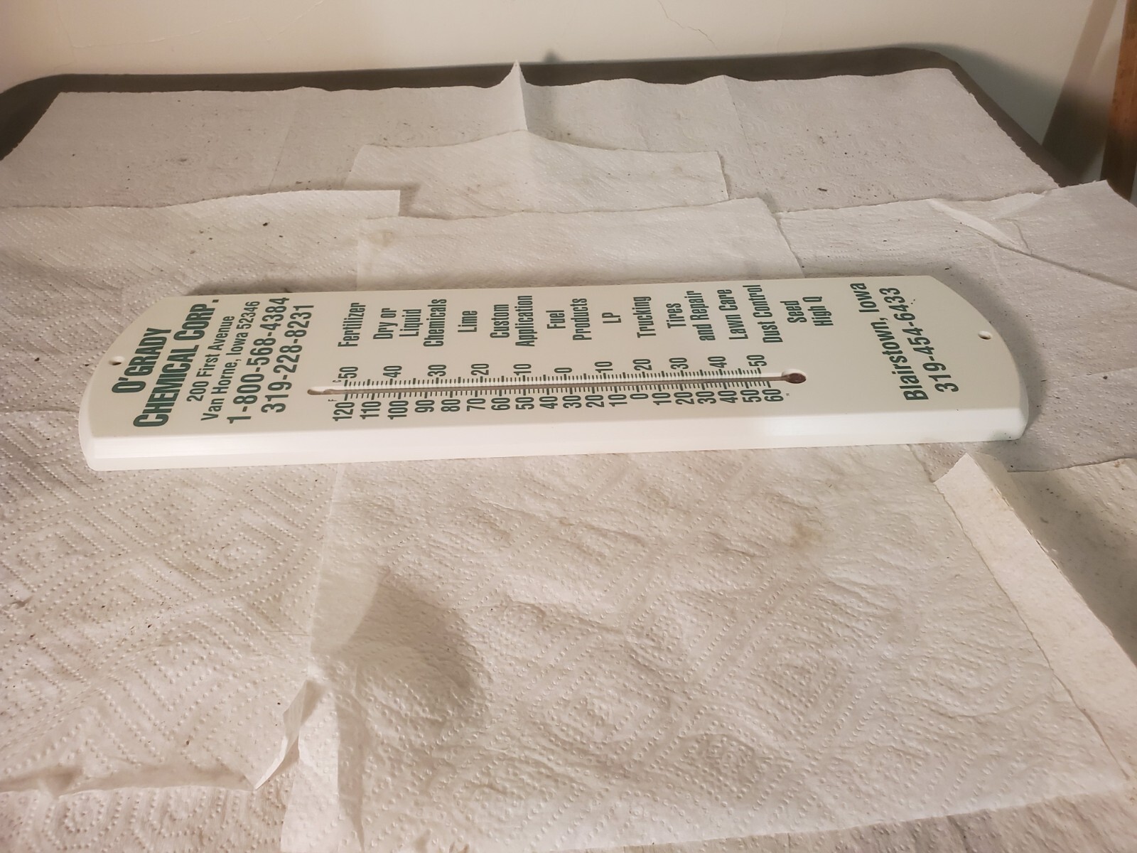 20″ Plastic Thermometer O’Grady Chemical Van Horne Blairstown Iowa Farm Seed