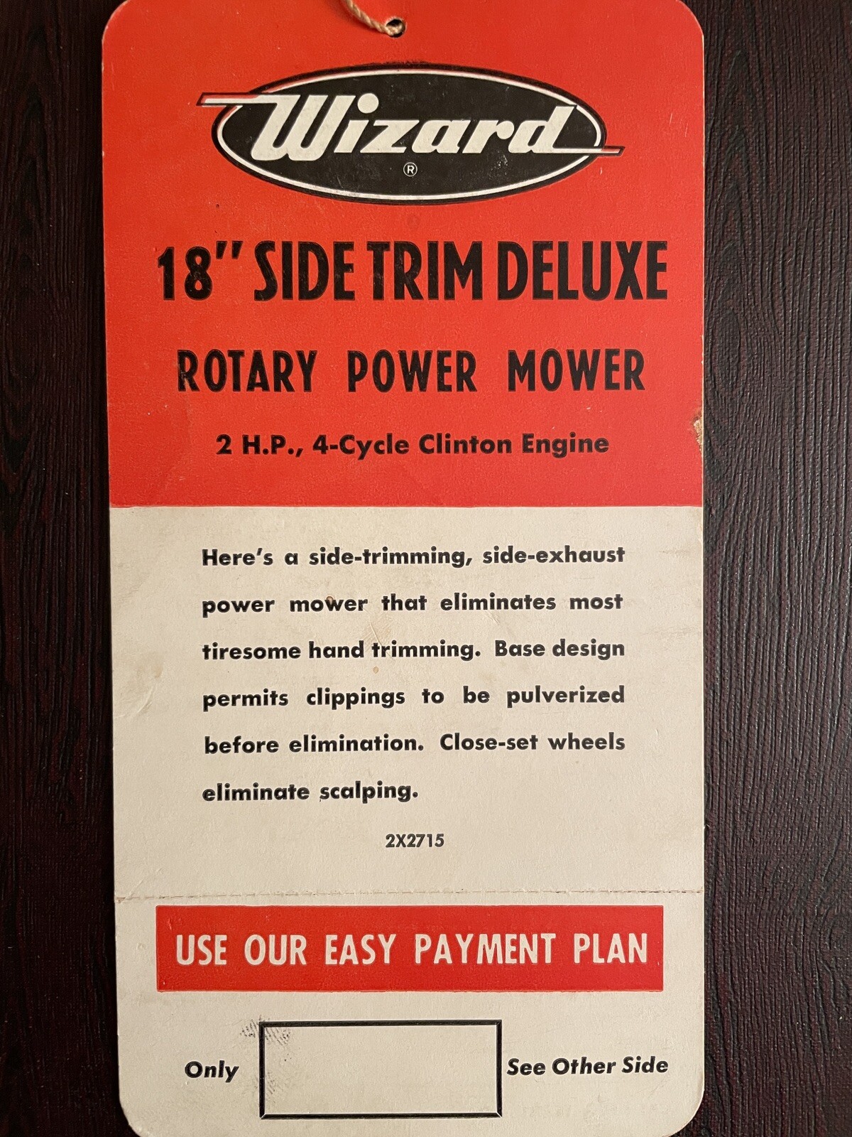 VINTAGE 1950’ S WESTERN AUTO ‘WIZARD’ LAWN MOWER SALES HANG TAG , Automotive