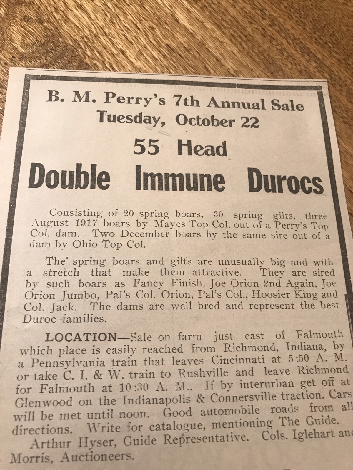ORIGINAL 1918 Sow Public Sale – Falmouth – Indiana – Farm Advertising – Hog Pig