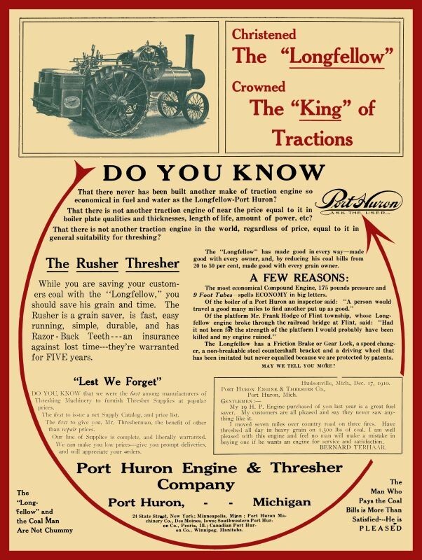 1911 Port Huron Longfellow Traction Engine NEW METAL SIGN: 12×16″ Ships Free