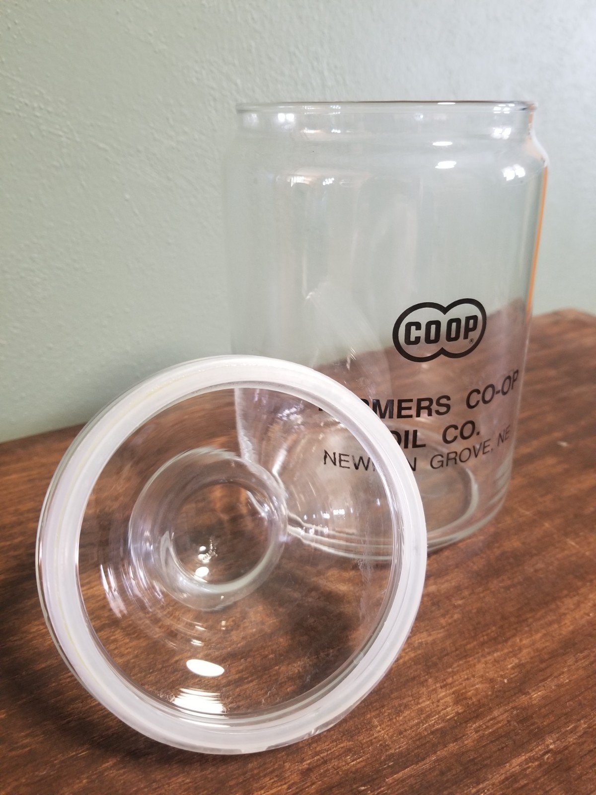 Apothecary Jar Vintage Advertising Glass with Lid Farmer’s Co-op Oil Company