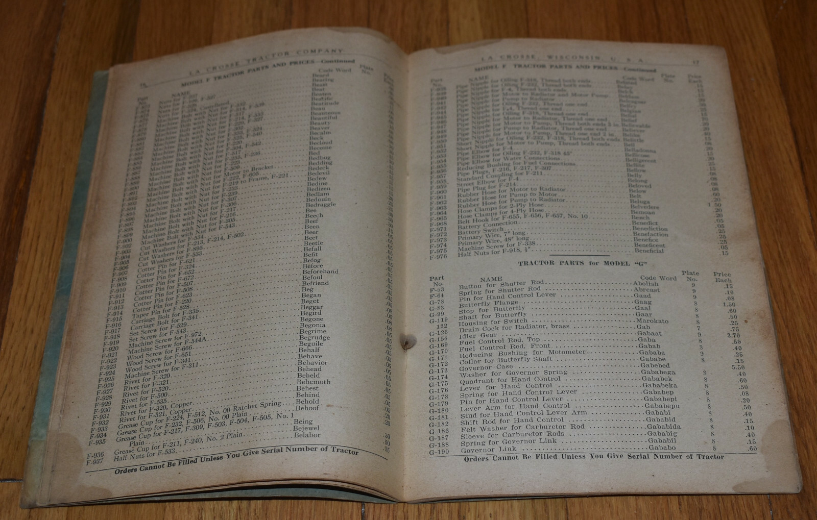 Vintage 1922 La Crosse WI Tractor Co Instruction Manual Model F G H REPAIR LIST
