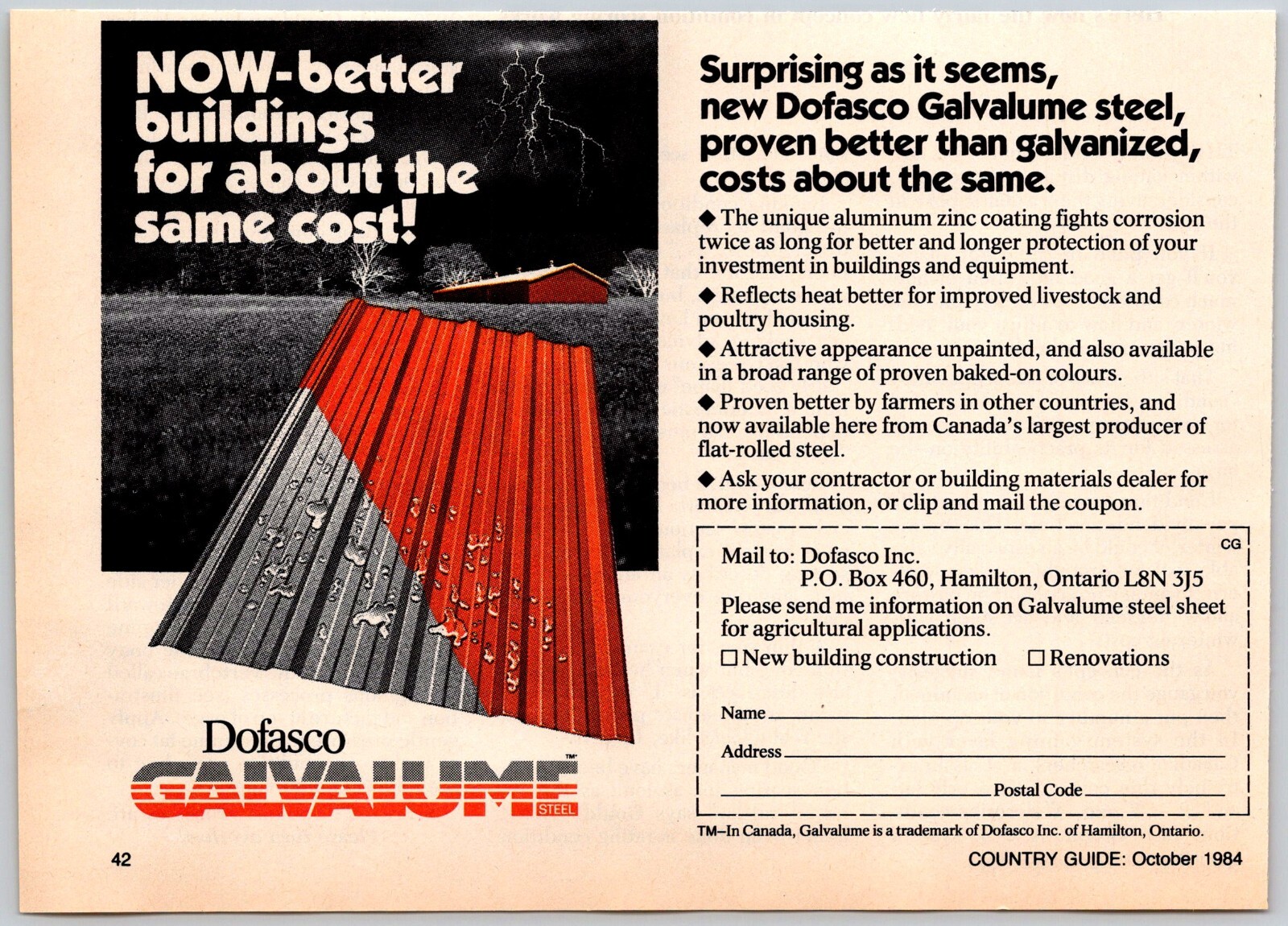 PRINT AD Dofasco Galvalume Steel 1984 Aluminum Zinc Coating Livestock Barns