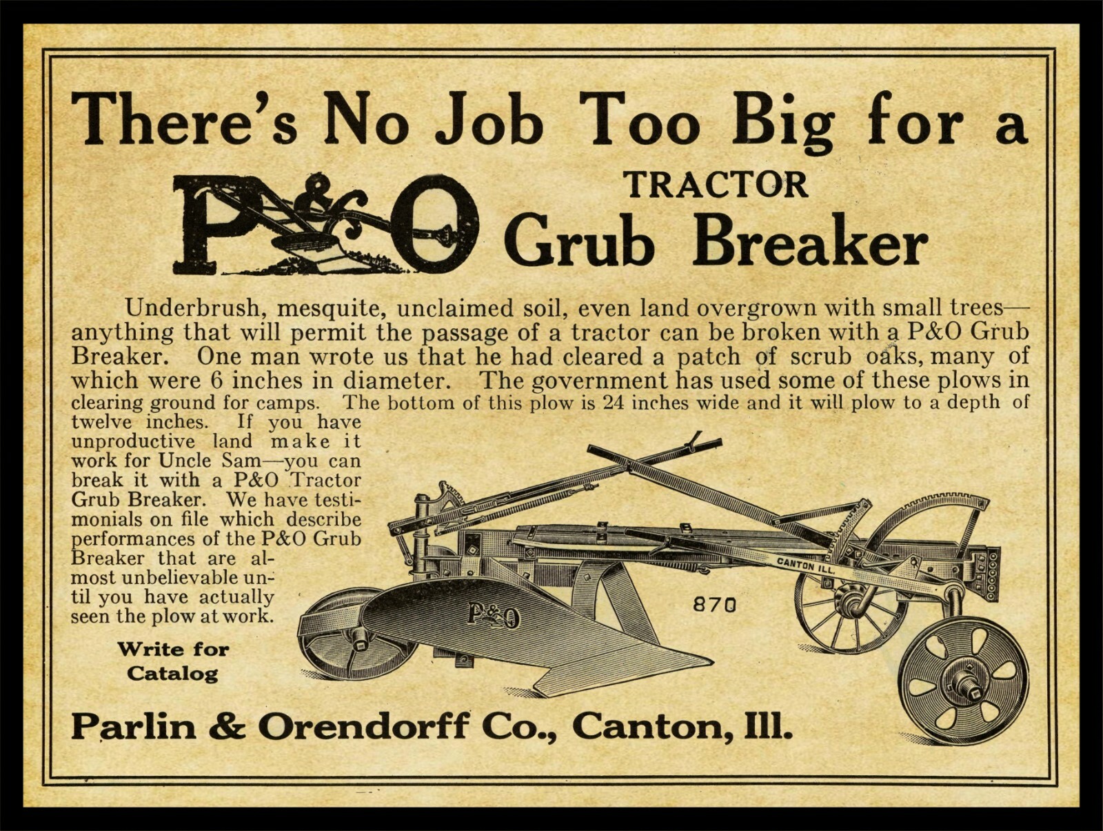 1917 Parlin & Orendorff NEW Metal Sign: Grub Breaker Tractor – Canton, Illinois