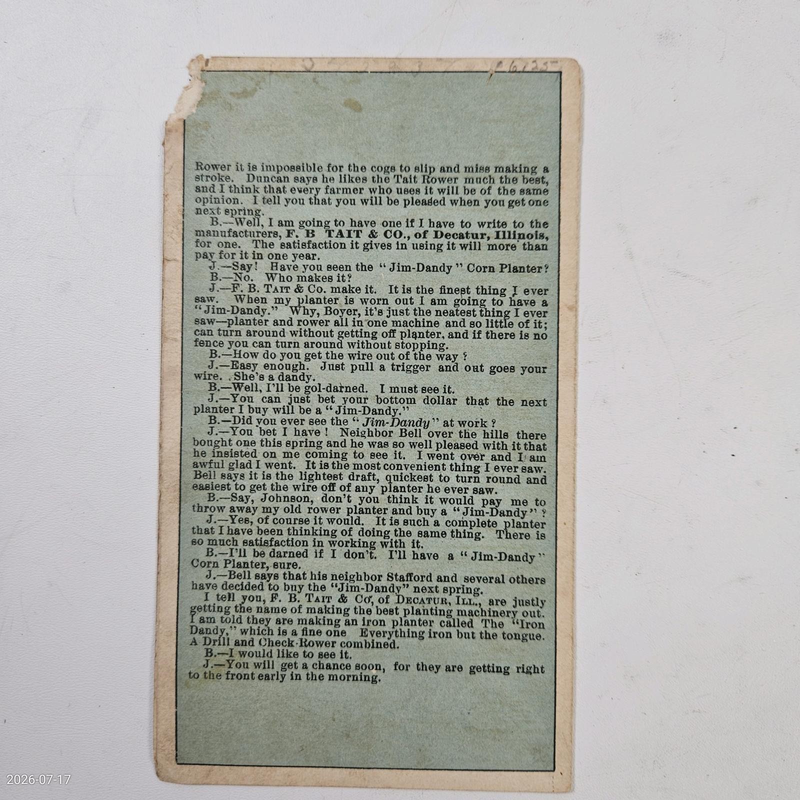 Vtg Victorian Trade Card Tait Wire Check Rower Agricultural Rob T Craig 5.5″