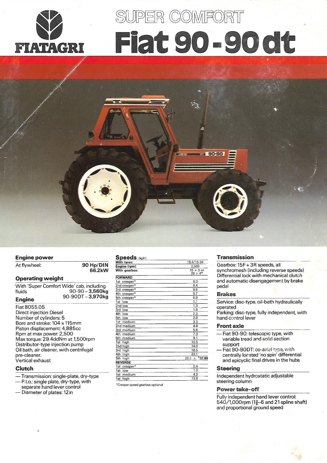 Farm Tractor Data Sheet – Fiat 90-90 dt – c1980’s – Brochure (F9337)
