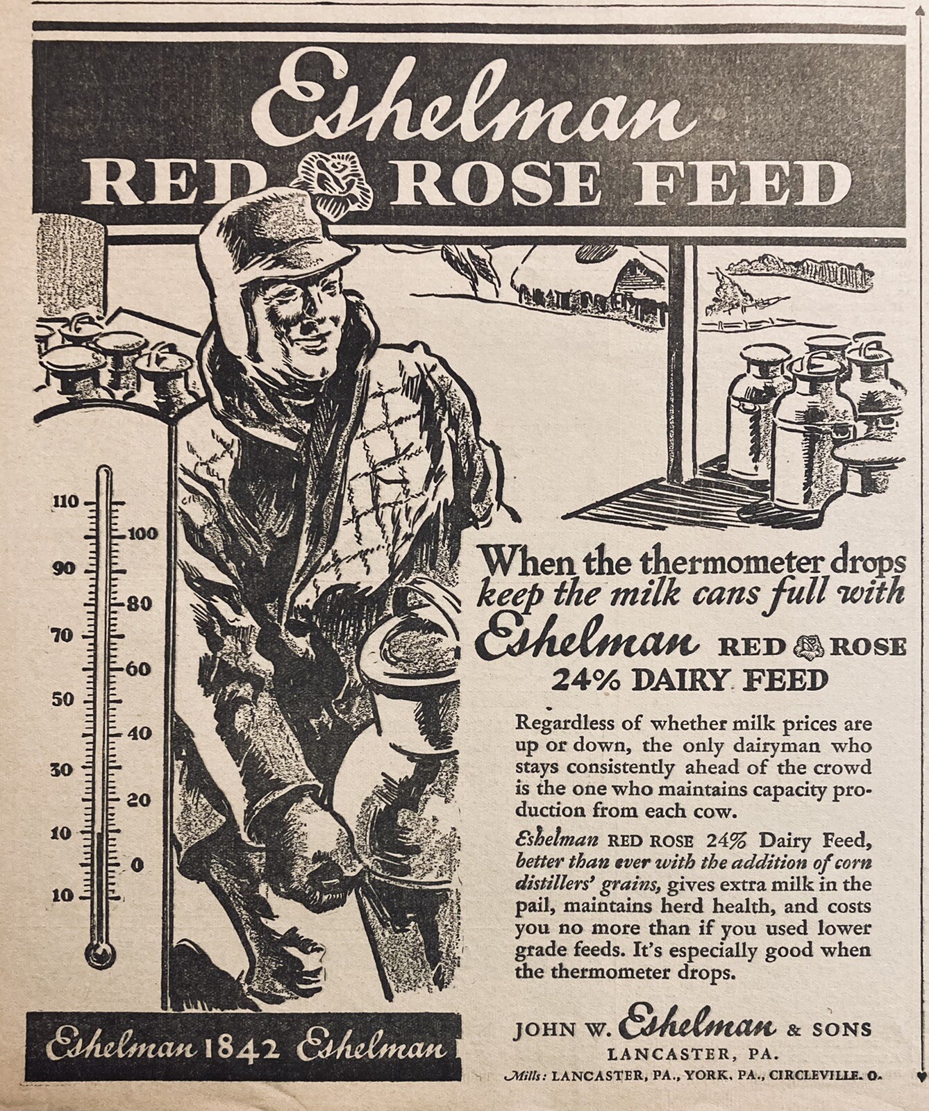 1934 AD.(XH58)~JOHN W. ESHELMAN CO. LANCASTER, PA. RED ROSE 24 DAIRY RATION FEED