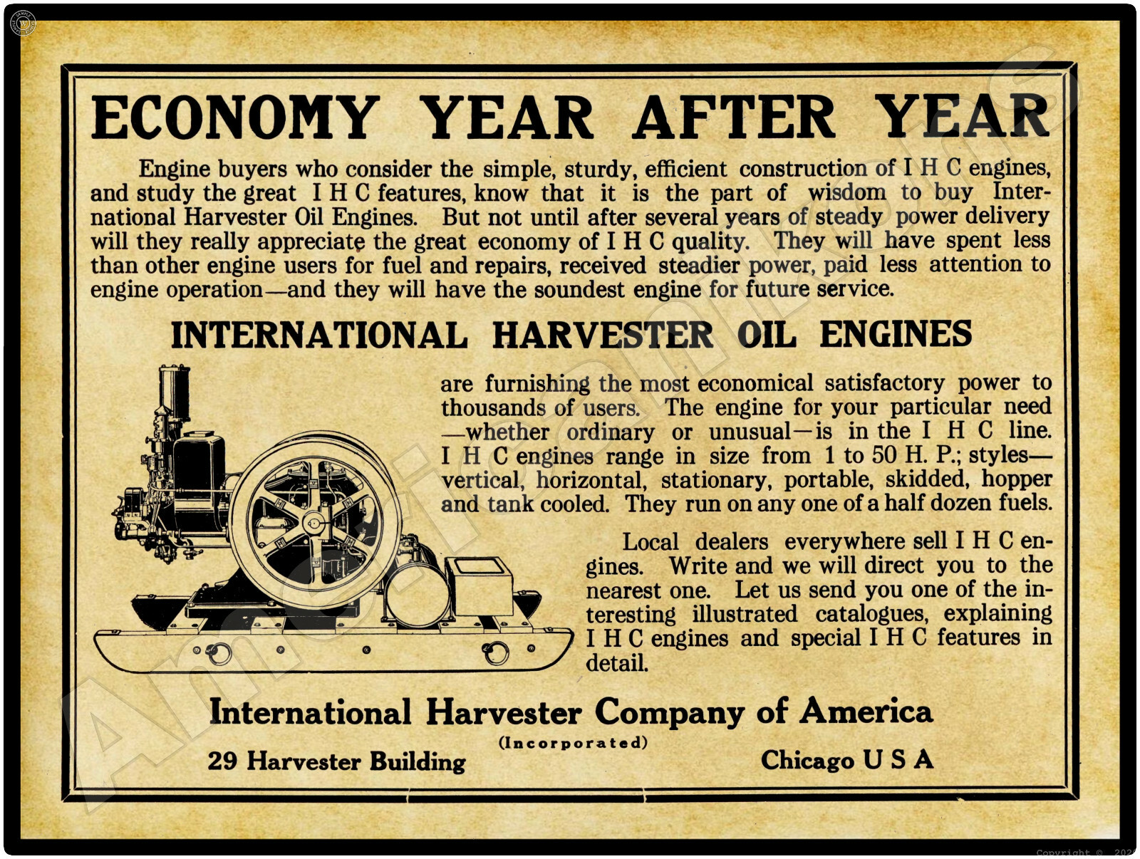 1915 International Harvester Engine New Metal Sign: Chicago – LARGE SIZE 12 x 16