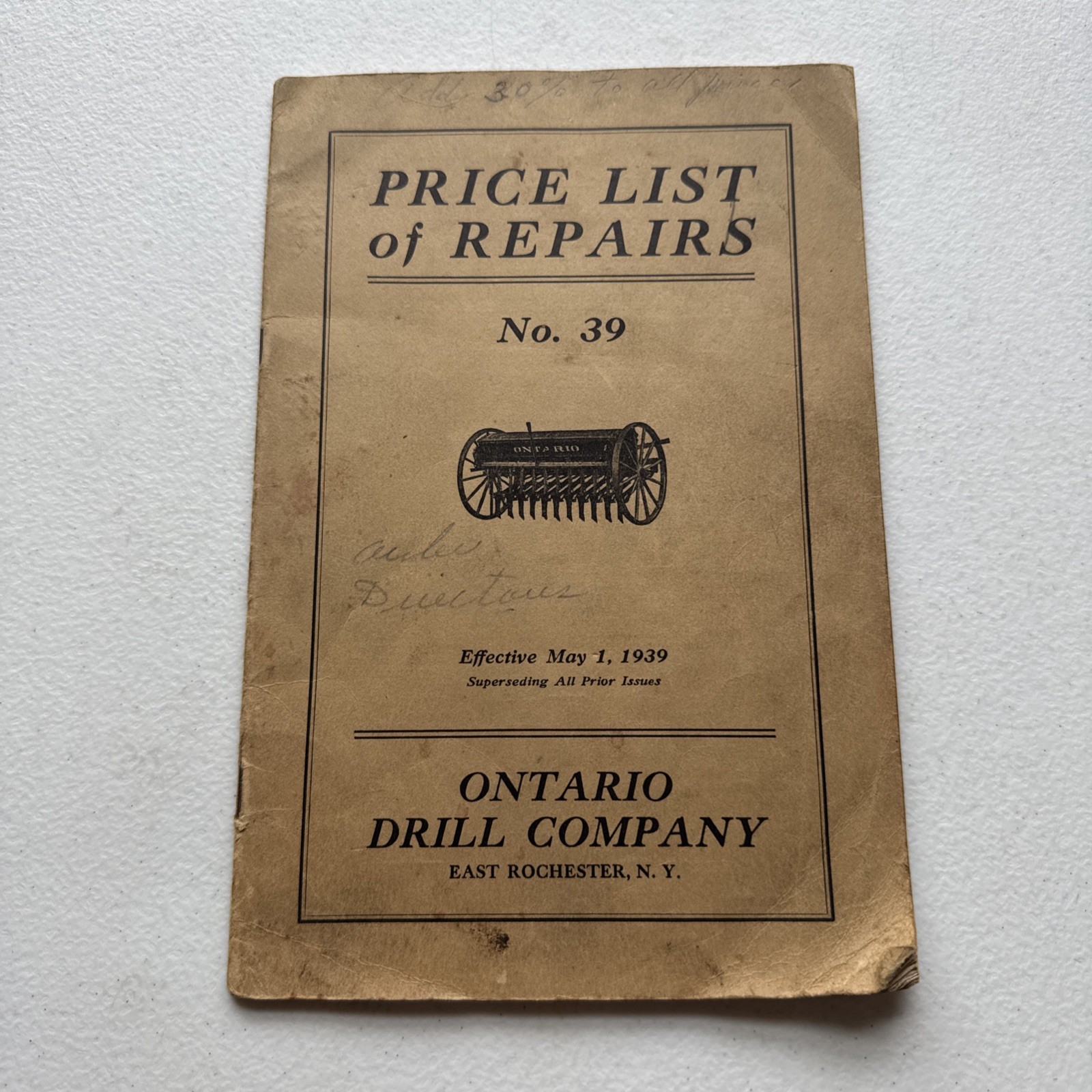 Ontario Drill Co. No. 39 Grain Drills Price List Of Repairs East Rochester, NY