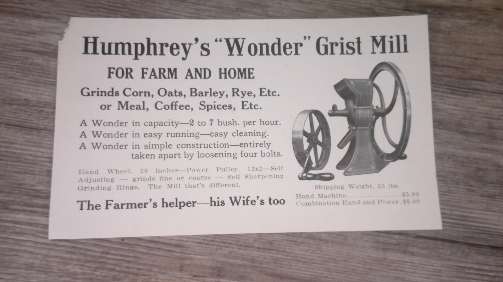 advertising paper for Humphrey’s grist mill for farm and home pictured 11B