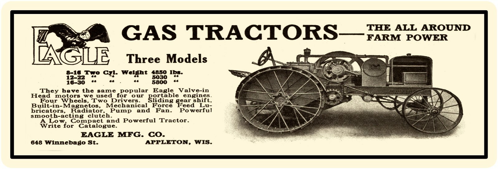 Eagle Gas Tractors Marquee Style New Metal Sign: 6″ x 18″ Appleton, Wisconsin