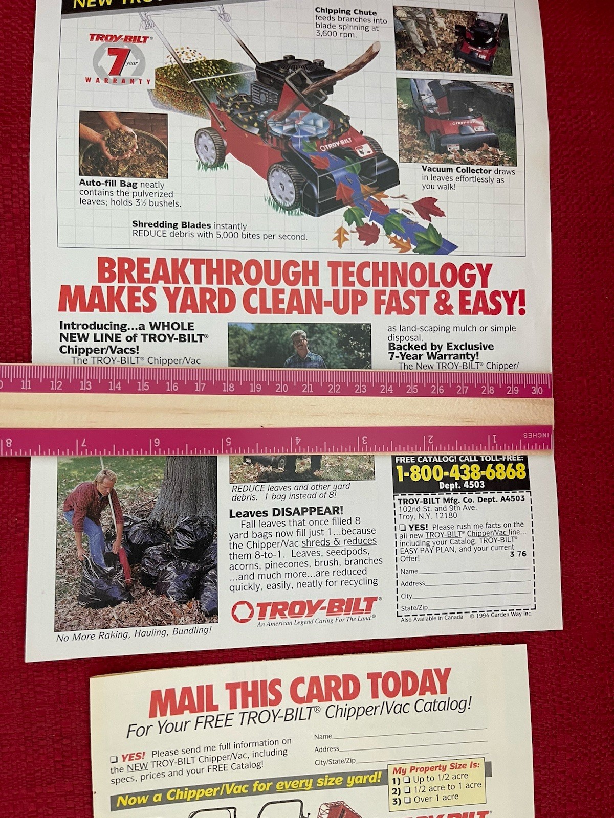 Vintage 1994 Troy Built Chipper Vac Print Ad Yard Clean Up Advertisement
