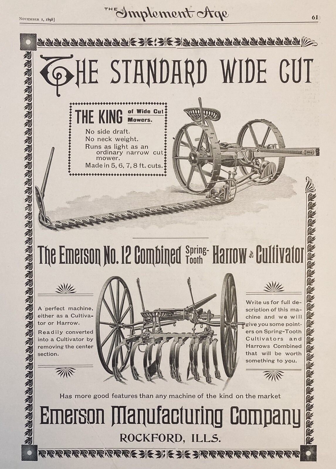 1898 AD.(XH25)~EMERSON MFG. CO. ROCKFORD, ILL. WIDE CUT MOWER AND NO.12 HARROW