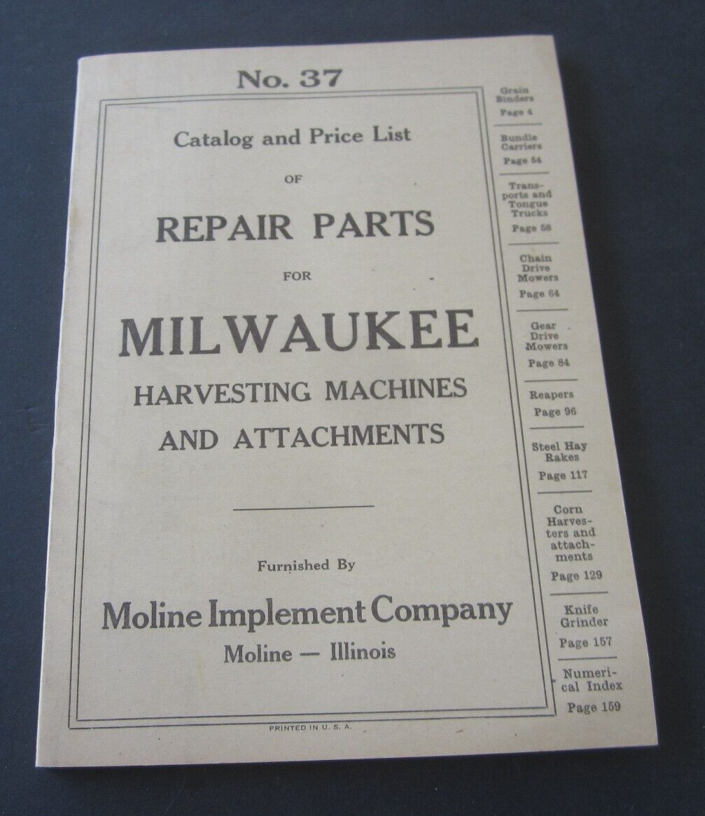 Old Vintage 1930’s – MILWAUKEE Harvesting Machines REPAIR PART CATALOG No. 37