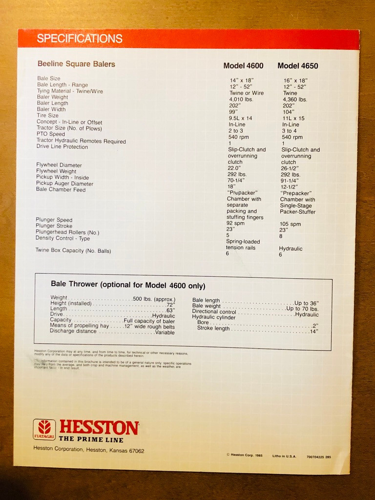 1985 HESSTON 4600 & 4650 14″ x 18″ & 16″ x 18″ Beeline Square Balers Brochure