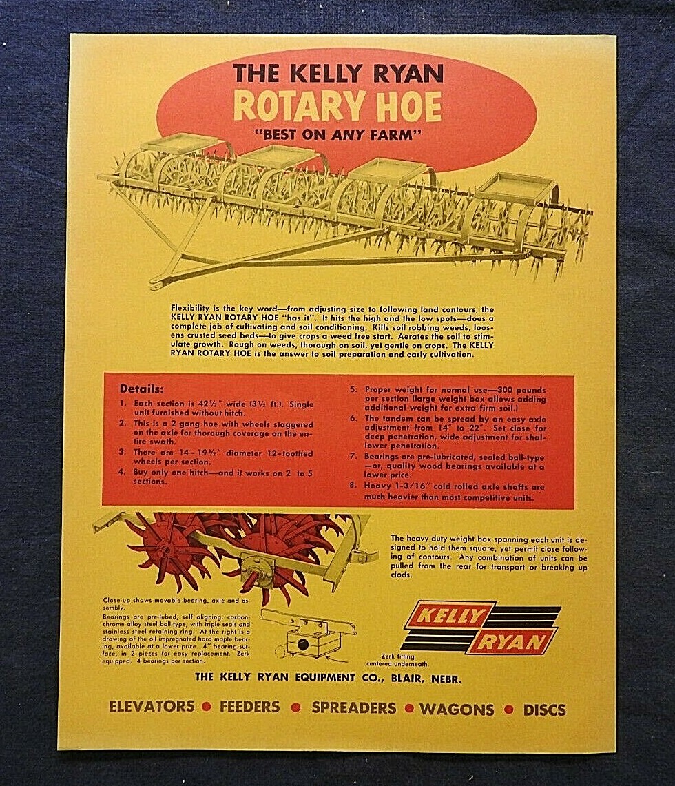 1950s Kelly-Ryan Rotary Hoe Hoes Sales Brochure Blair NE Nebraska Farm Implement