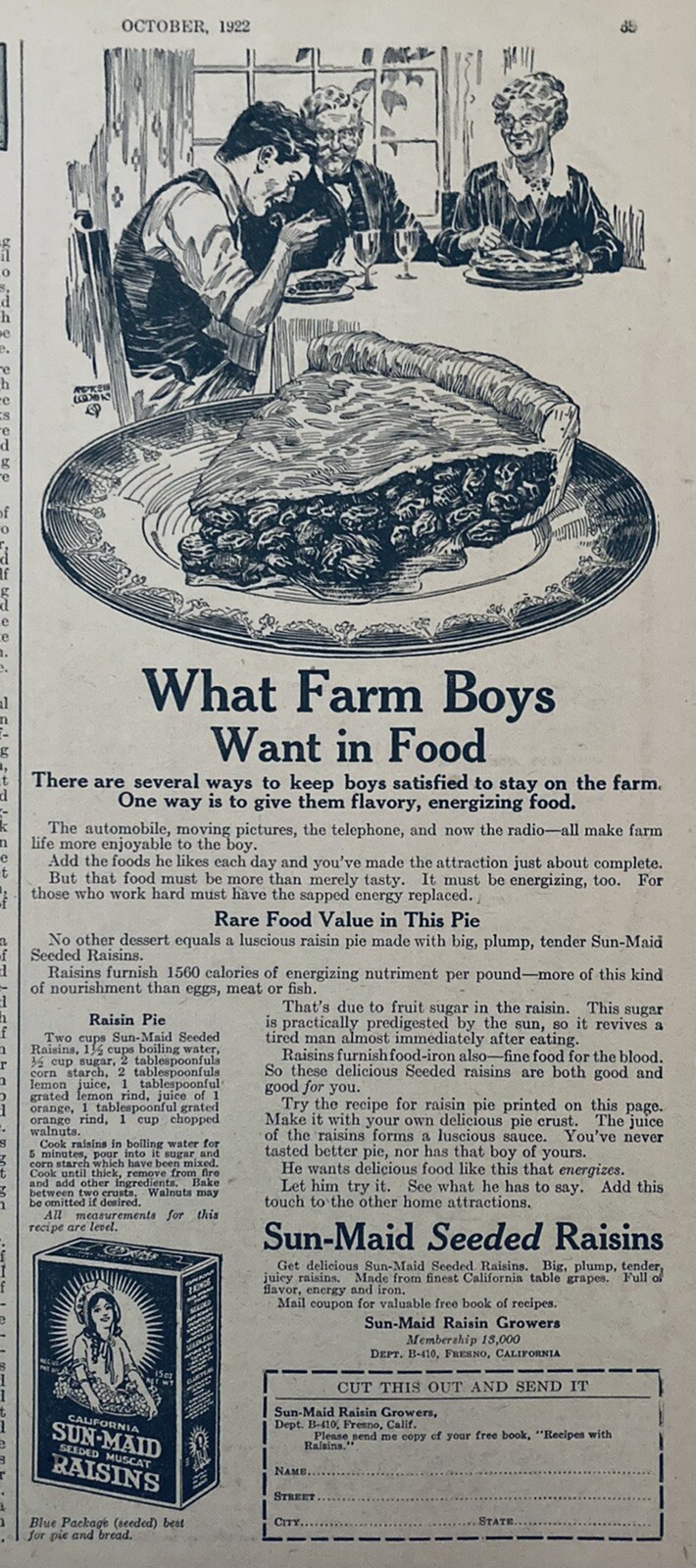 1922 AD(XH54)~SUN-MAID RAISIN GROWERS, FRESNO, CA. SUN-MAID SEEDED RAISINS