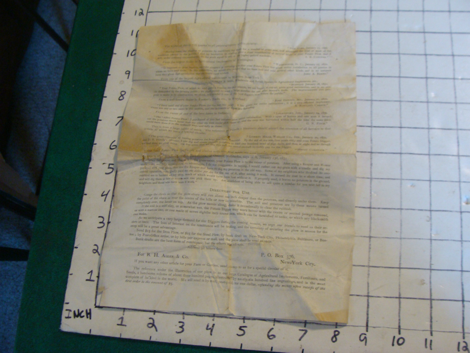 orig. Patented Potato Digging Plow info paper folded, as shown, 1800’S
