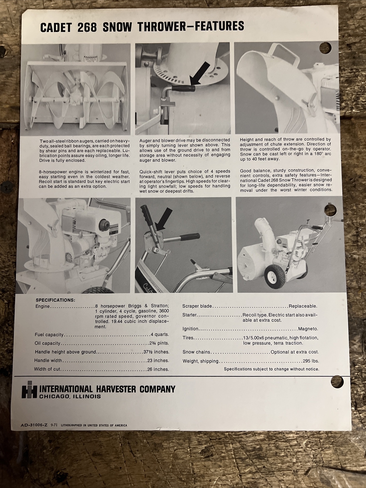 International Cadet 268 Snow Thrower Brochure 1972