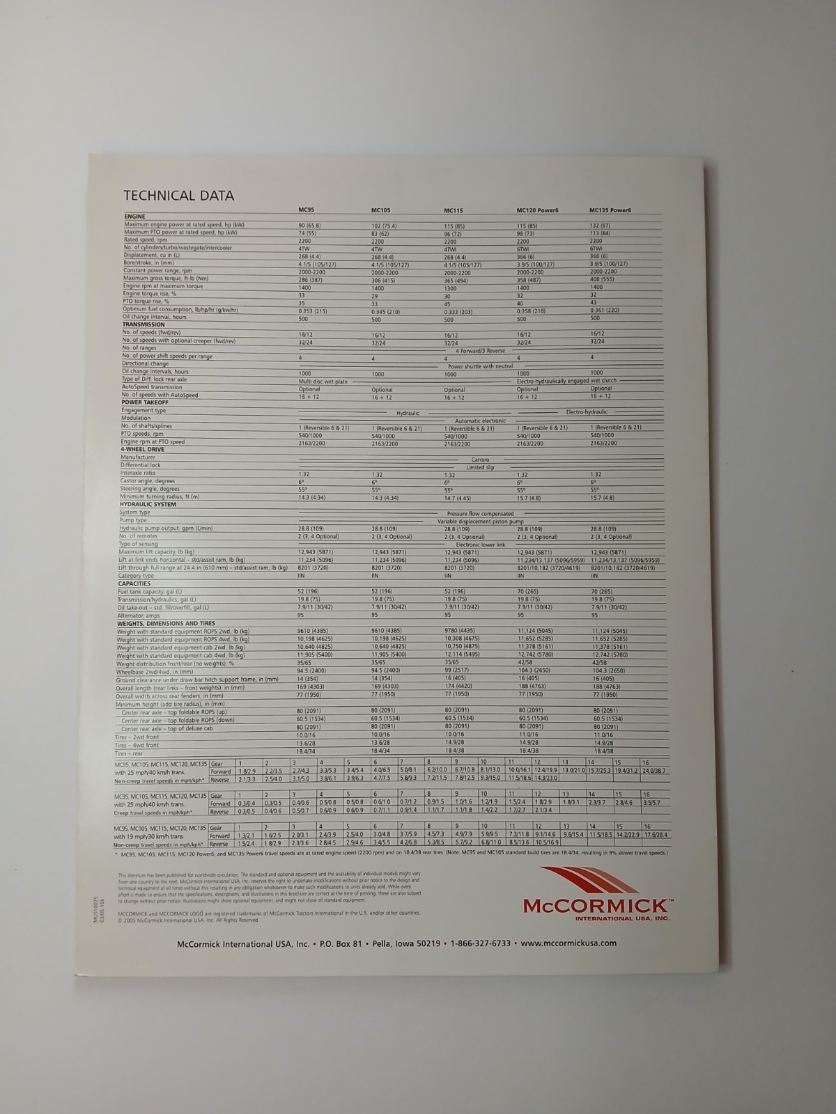 McCormick MC Series 90 – 132 Engine Tractor Sales Brochure Technical Data