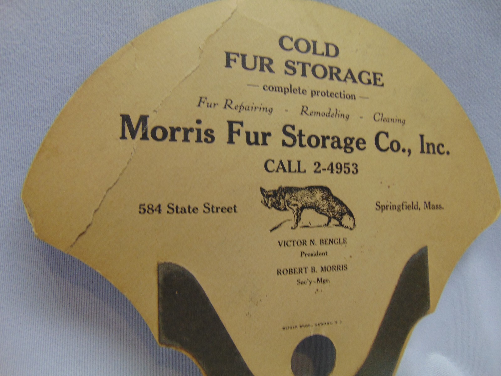 Vintage Morris Fur cold Storage Co Cardboard Advertisement Springfield Mass 10″