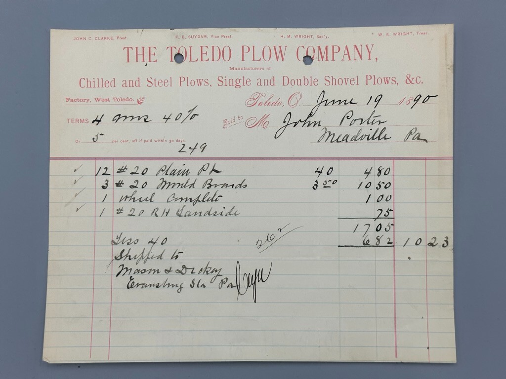 1890 & 1910 TOLEDO PLOW Ohio FARM Advertising Invoice