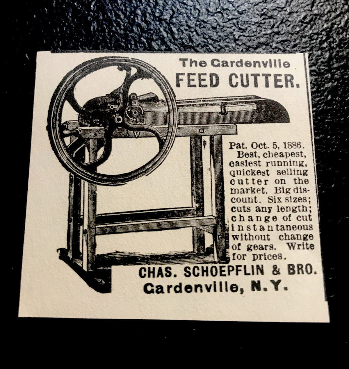 1889 Gardenville Feed Cutter Farm Advertising – Gardenville – New York