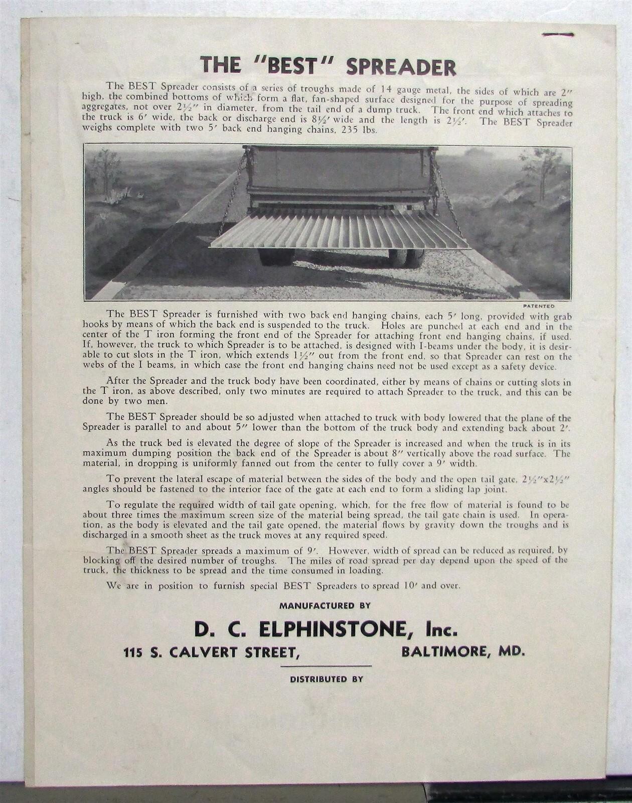 1934 Elphinstone Spreader Specifications Construction Sales Data Sheets